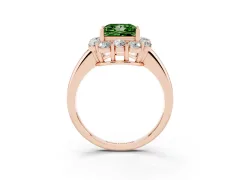 Fancy Green Princess Cut Diamond Milgrain Halo Solitaire Ring Set in Rose gold with Bezel Set Side Stones and Pavé Band