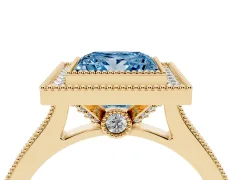 Fancy Blue Princess Cut Diamond Halo Milgrain Pavé Band Ring Set in Yellow gold with Prong Setting