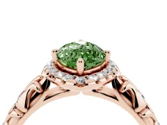 Fancy Green Marquise Cut Diamond Halo Ring Set in Rose gold with Filigree Leaf Band and Prong Setting