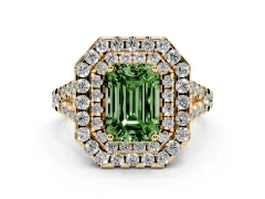 Fancy Green Emerald Cut Diamond Double Halo Ring Set in Yellow gold with Pavé Split Shank and Prong Setting