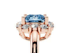 Fancy Blue Princess Cut Diamond Halo Cluster Engagement Ring Set in Rose gold with Polished Band and Prong Setting