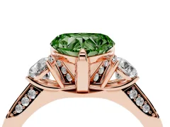 Fancy Green Heart Cut Diamond Three-Stone Ring Set in Rose gold with Pavé Band and Smaller Side Stones