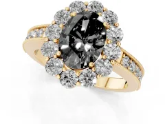 Fancy Black Oval Cut Diamond Halo Pavé Engagement Ring Set in Yellow gold with Milgrain Detailing