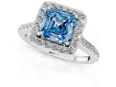 Fancy Blue Asscher Cut Diamond Halo Engagement Ring Set in White gold with Round Pavé Shoulders and Heart Gallery