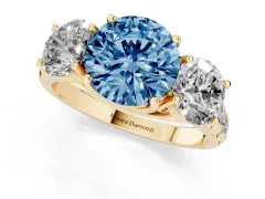 Fancy Blue Round Cut Diamond Three-Stone Ring Set in Yellow gold with Pavé Band