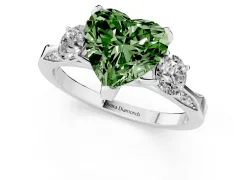 Fancy Green Heart Cut Diamond Three-Stone Ring Set in Silver with Pavé Band and Smaller Side Stones