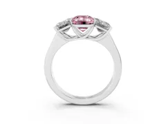 Fancy Pink Emerald Cut Diamond Three-Stone Ring Set in Platinum with Plain Polished Band