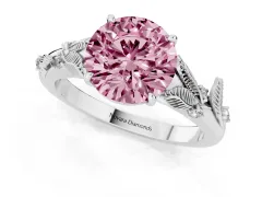 Fancy Pink Round Cut Diamond Solitaire Ring Set in Silver with Leaf Motif Band