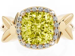 Fancy Yellow Cushion Cut Diamond Halo Floral Band Ring Set in Yellow gold with Prong Setting