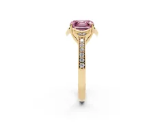 Fancy Pink Asscher Cut Diamond Halo Ring Set in Yellow gold with Channel Set Band and Prong Setting