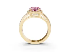 Fancy Pink Round Cut Diamond Halo Ring Set in Yellow gold with Double Pavé Split Shank