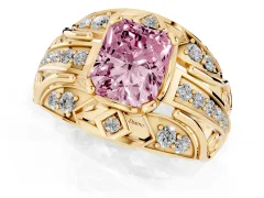 Fancy Pink Radiant Cut Diamond Art Deco Ring Set in Yellow gold with Pavé Split Shank
