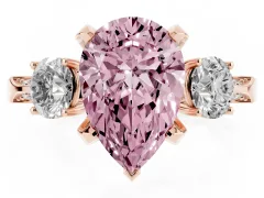 Fancy Pink Pear Cut Diamond Three-Stone Ring Set in Rose gold with Pavé Band and Smaller Side Stones