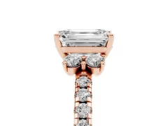 Emerald Cut Diamond Three-Stone Pavé Ring Set in Rose gold with Prong Setting