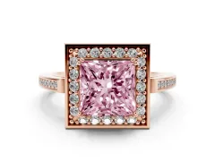 Fancy Pink Princess Cut Diamond Halo Ring Set in Rose gold with Accent-Lined Split Shank and Prong Setting