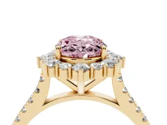 Fancy Pink Oval Cut Diamond Halo Ring Set in Yellow gold with Pavé Band and Prong Setting
