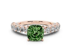 Fancy Green Cushion Cut Diamond Solitaire Ring Set in Rose gold with Shared Prong Pavé Band