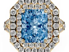 Fancy Blue Radiant Cut Diamond Double Halo Ring Set in Yellow gold with Pavé Split Shank and Prong Setting