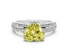 Fancy Yellow Heart Cut Diamond Solitaire Ring Set in Platinum with Multi-Row Round Pavé Band and Prong Setting