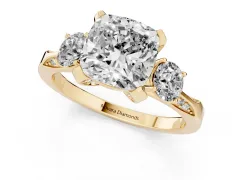 Cushion Cut Diamond Three-Stone Ring Set in Yellow gold with Pavé Band and Smaller Side Stones