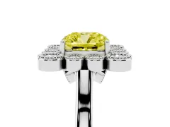 Fancy Yellow Cushion Cut Diamond Cluster Halo Ring Set in White gold with Milgrain Bezel Accents and Plain Band