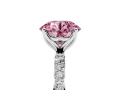 Fancy Pink Round Cut Diamond Solitaire Engagement Ring Set in Silver with Round Pavé Band and Prong Setting