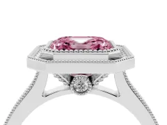 Fancy Pink Asscher Cut Diamond Halo Milgrain Pavé Band Ring Set in White gold with Prong Setting
