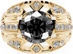 Fancy Black Round Cut Diamond Art Deco Ring Set in Yellow gold with Pavé Split Shank