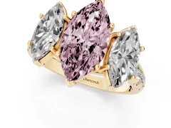 Fancy Pink Marquise Cut Diamond Three-Stone Ring Set in Yellow gold with Pavé Band