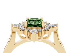 Fancy Green Emerald Cut Diamond Cluster Halo Ring Set in Yellow gold with Marquise and Round Accents