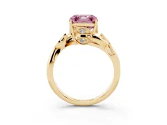 Fancy Pink Asscher Cut Diamond Solitaire Twist Engagement Ring Set in Yellow gold with Pavé Leaf Accents