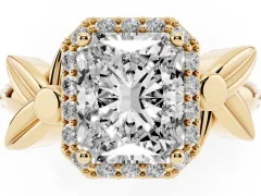 Radiant Cut Diamond Halo Floral Band Ring Set in Yellow gold with Prong Setting