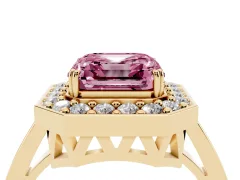 Fancy Pink Asscher Cut Diamond Halo Ring Set in Yellow gold with Accent-Lined Split Shank and Prong Setting