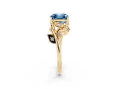 Fancy Blue Asscher Cut Diamond Solitaire Twist Engagement Ring Set in Yellow gold with Pavé Leaf Accents
