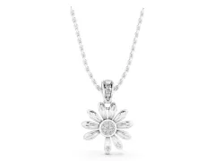 Round Diamond Daisy Flower Pendant Set in Silver with Pavé Petal Accents