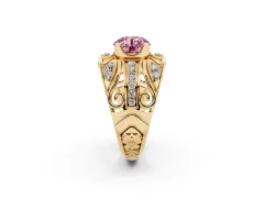 Fancy Pink Round Cut Diamond Art Deco Ring Set in Yellow gold with Pavé Split Shank