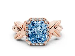 Fancy Blue Radiant Cut Diamond Halo Floral Band Ring Set in Rose gold with Prong Setting