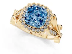 Fancy Blue Cushion Cut Diamond Halo Ring Set in Yellow gold with Leaf Motif Split Shank and Prong Setting