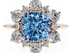 Fancy Blue Cushion Cut Diamond Cluster Halo Ring Set in Rose gold with Solitaire Band and Prong Setting