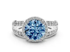 Fancy Blue Round Cut Diamond Halo Ring Set in Silver with Double Pavé Split Shank