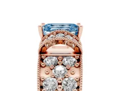 Fancy Blue Emerald Cut Diamond Milgrain Halo Pavé Engagement Ring Set in Rose gold with Prong Setting