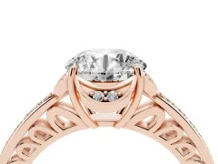 Round Cut Diamond Halo Ring Set in Rose gold with Channel Set Band and Prong Setting