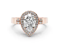 Pear Cut Diamond Halo Ring Set in Rose gold with Pavé-Lined Split Shank Band
