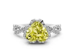 Fancy Yellow Heart Cut Diamond Halo Twist Band Solitaire Ring Set in White gold with Prong-Set Center Stone