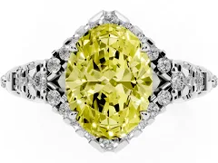 Fancy Yellow Oval Cut Diamond Solitaire Ring Set in Silver with Hidden Halo and Pavé Band
