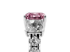 Fancy Pink Asscher Cut Diamond Three-Stone Ring Set in Platinum with Pavé Band