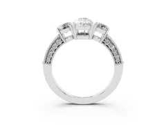 Pear Cut Diamond Three-Stone Ring Set in White gold with Round Side Stones and Pavé Band