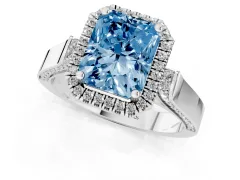Fancy Blue Radiant Cut Diamond Halo Ring Set in Platinum with Pavé-Lined Split Shank Band