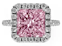 Fancy Pink Princess Cut Diamond Halo Pavé Engagement Ring Set in Platinum with Prong Setting