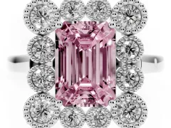 Fancy Pink Emerald Cut Diamond Cluster Halo Ring Set in Silver with Milgrain Bezel Accents and Plain Band